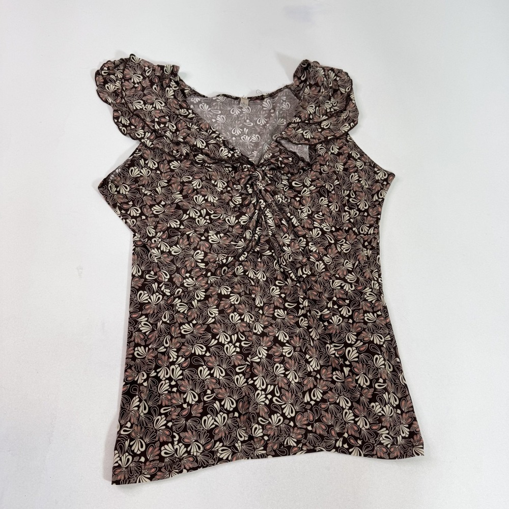 Y2K Floral Blouse Womens Medium Brown V Neck Flutter Sleeve Ruched Babydoll